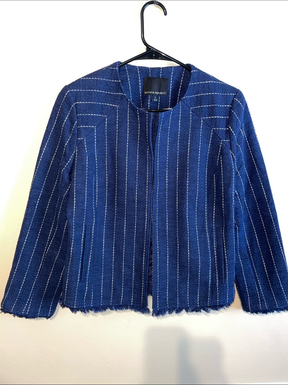 Banana Republic Women’s Striped Navy Blue White Fringe Office Blazer Jacket